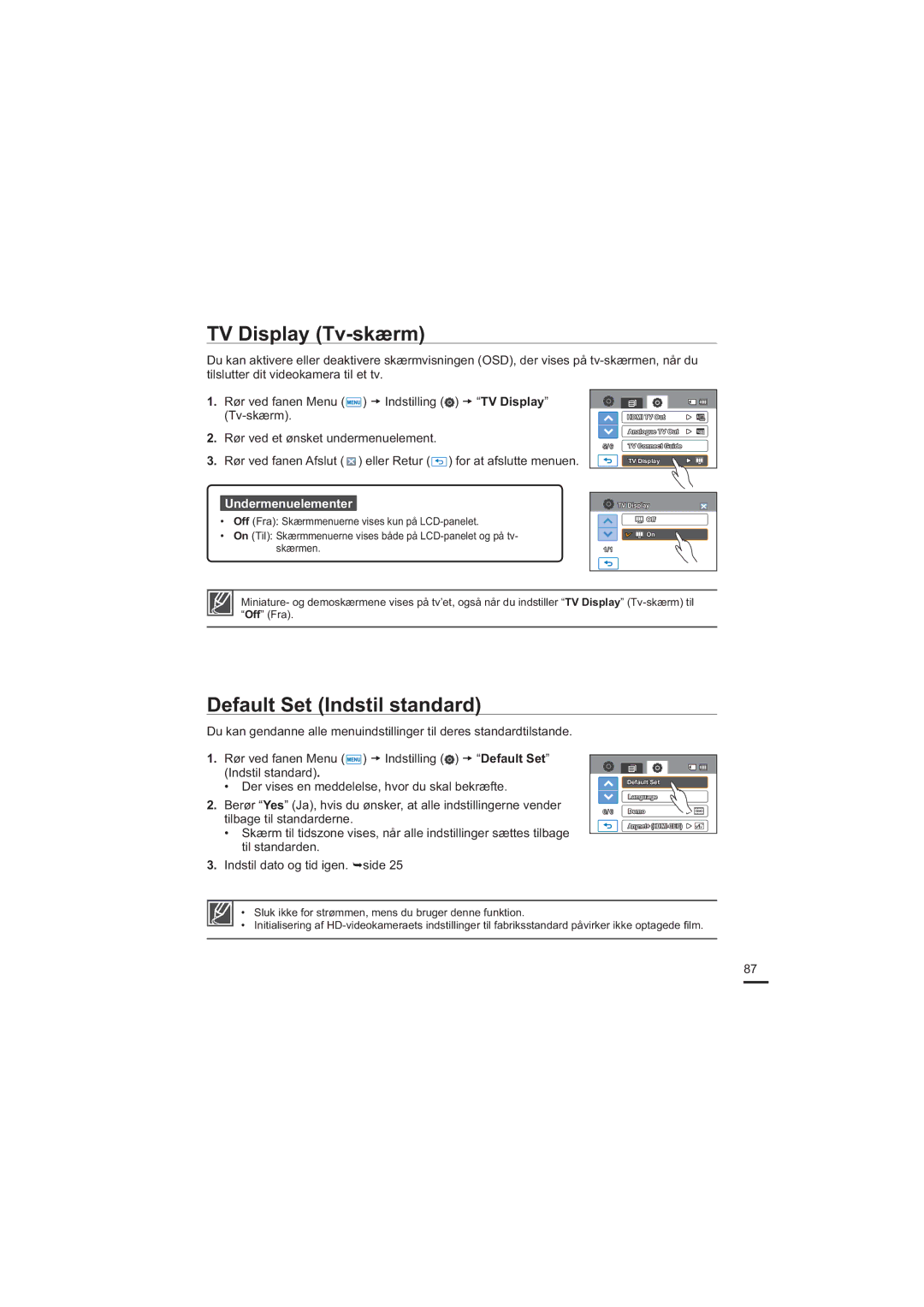 Samsung HMX-H205BP/EDC, HMX-H204BP/EDC, HMX-H200BP/EDC, HMX-H203BP/EDC TV Display Tv-skærm, Default Set Indstil standard 