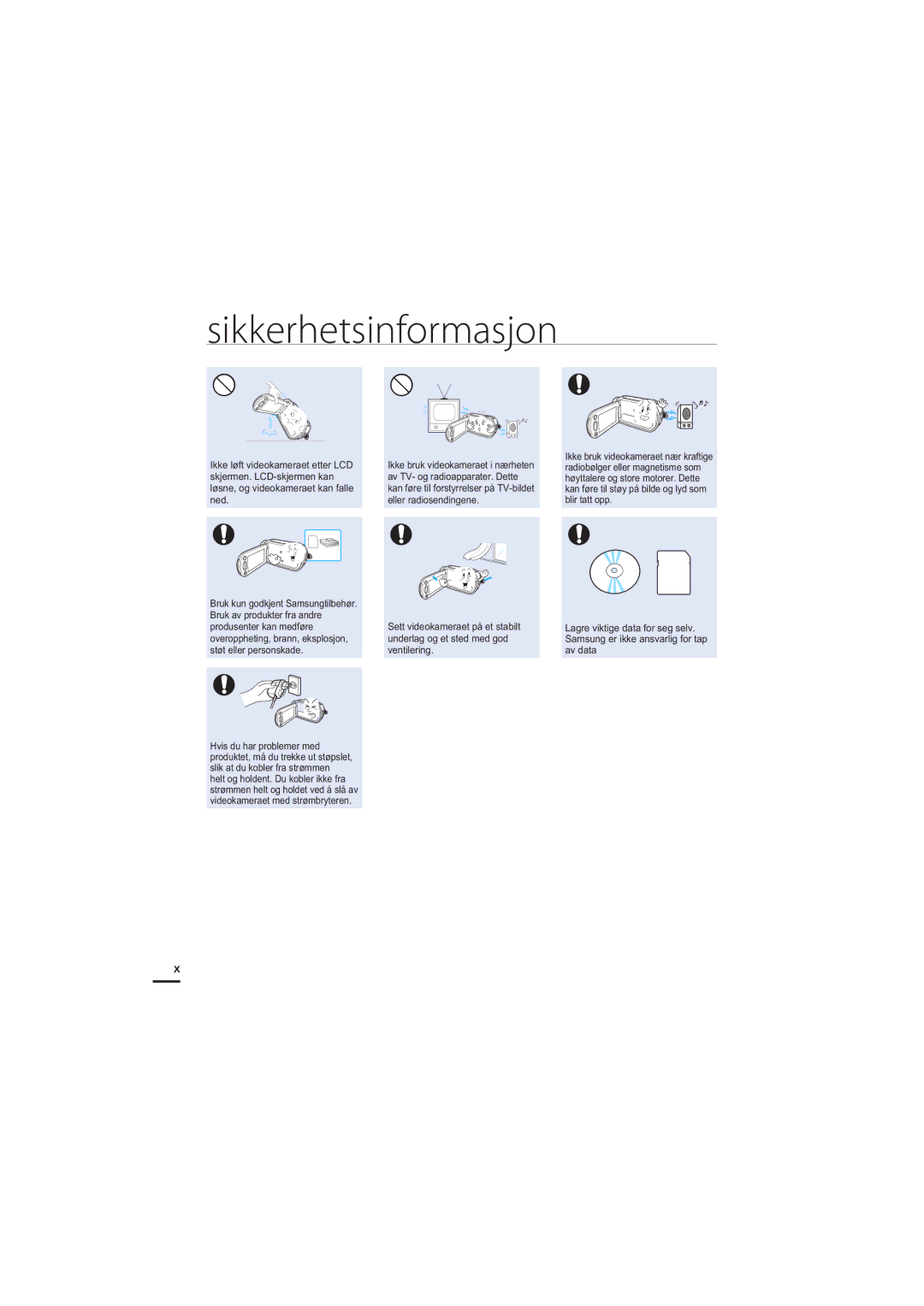 Samsung HMX-H203BP/EDC, HMX-H204BP/EDC, HMX-H200BP/EDC, HMX-H205BP/EDC manual Sikkerhetsinformasjon 