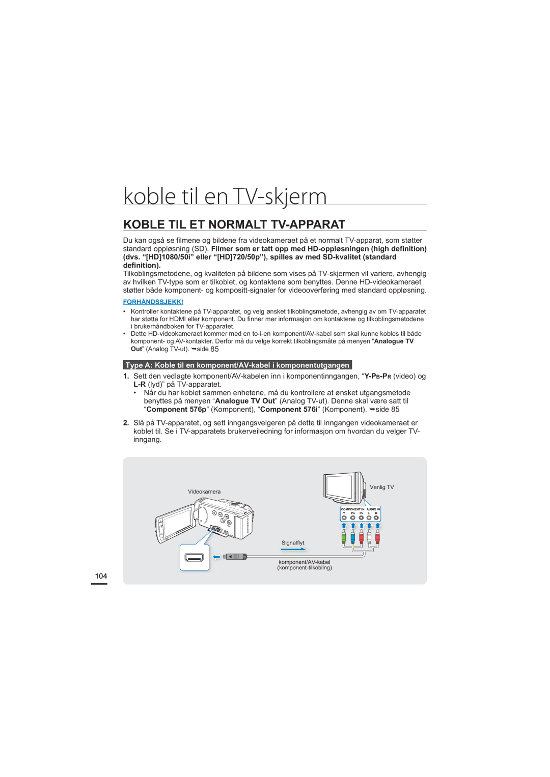 Samsung HMX-H204BP/EDC Koble TIL ET Normalt TV-APPARAT, Type a Koble til en komponent/AV-kabel i komponentutgangen, 104 