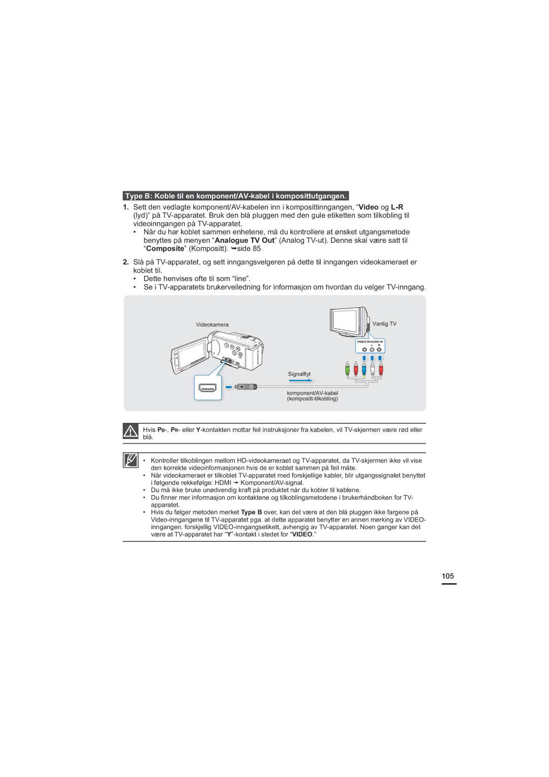 Samsung HMX-H200BP/EDC, HMX-H204BP/EDC, HMX-H203BP/EDC manual Type B Koble til en komponent/AV-kabel i komposittutgangen, 105 