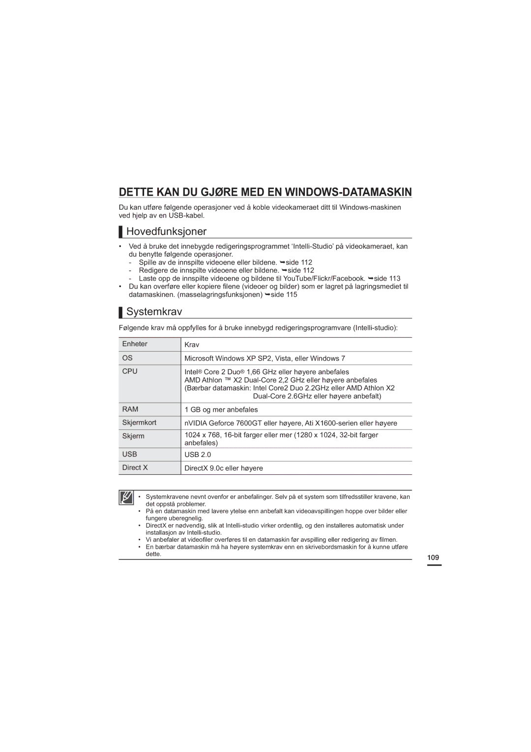 Samsung HMX-H200BP/EDC, HMX-H204BP/EDC manual Dette KAN DU Gjøre MED EN WINDOWS-DATAMASKIN, Hovedfunksjoner, Systemkrav 