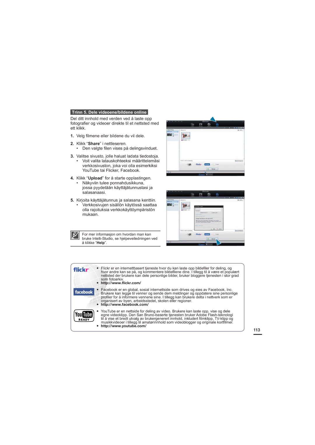 Samsung HMX-H200BP/EDC, HMX-H204BP/EDC, HMX-H203BP/EDC, HMX-H205BP/EDC manual Trinn 5. Dele videoene/bildene online, 113 