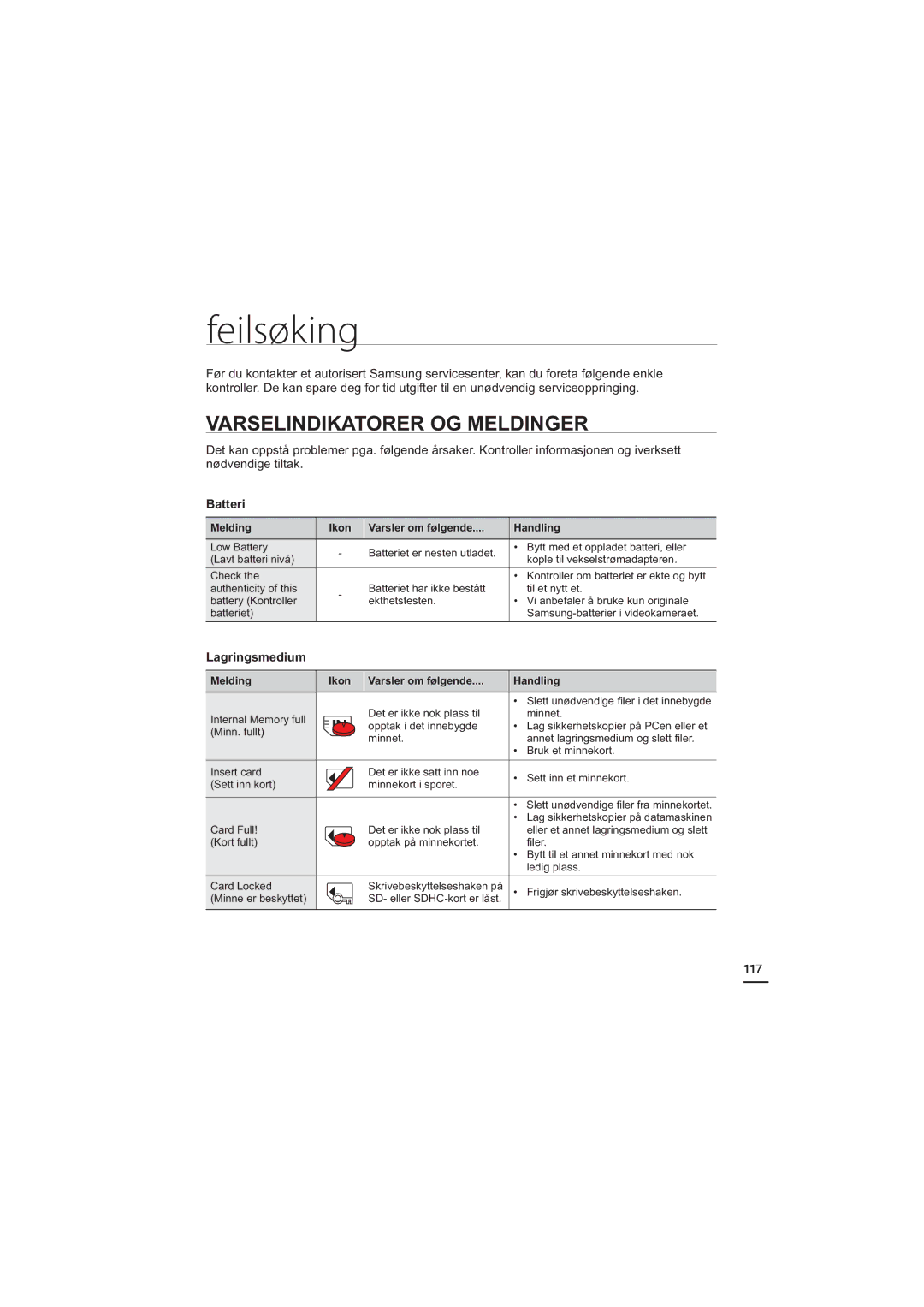 Samsung HMX-H200BP/EDC, HMX-H204BP/EDC manual Feilsøking, Varselindikatorer OG Meldinger, Batteri, Lagringsmedium, 117 