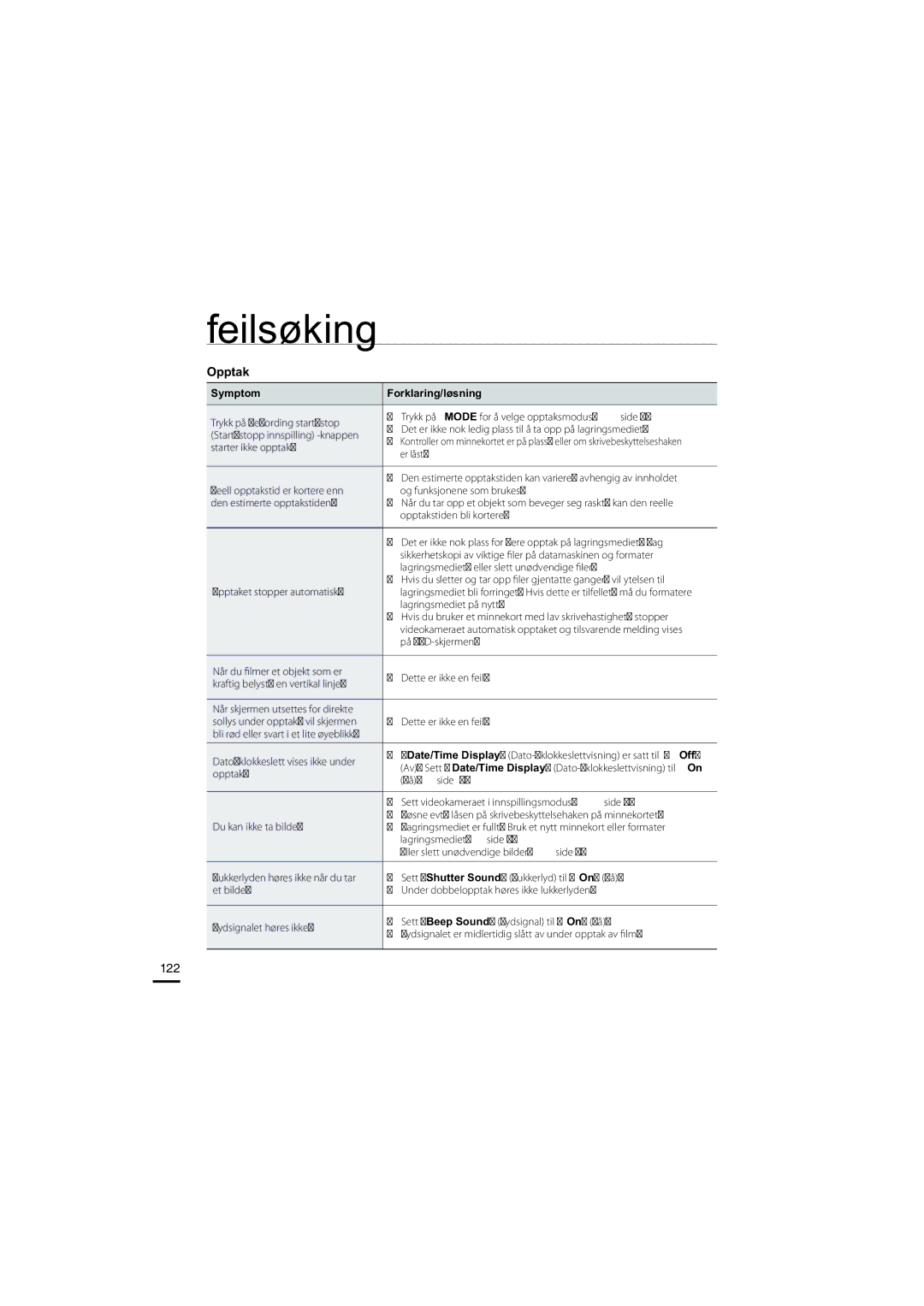 Samsung HMX-H203BP/EDC, HMX-H204BP/EDC, HMX-H200BP/EDC, HMX-H205BP/EDC manual Opptak, 122 