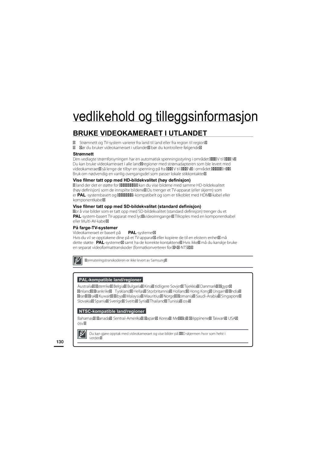 Samsung HMX-H203BP/EDC manual Bruke Videokameraet I Utlandet, PAL-kompatible land/regioner, NTSC-kompatible land/regioner 