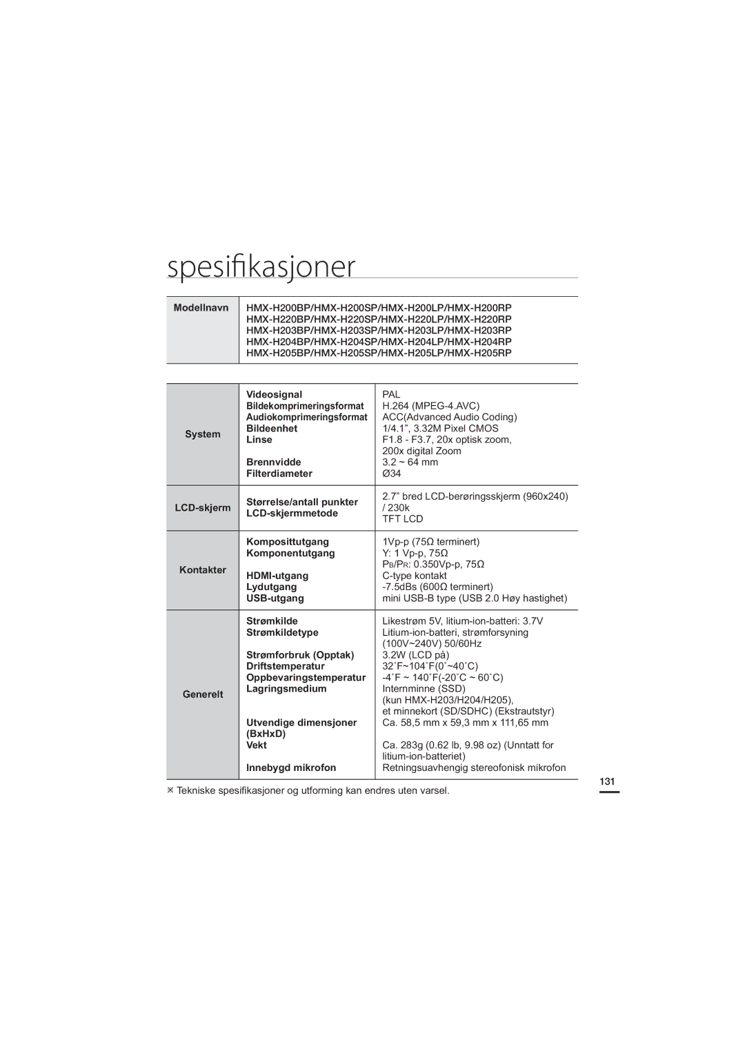 Samsung HMX-H205BP/EDC, HMX-H204BP/EDC, HMX-H200BP/EDC, HMX-H203BP/EDC manual Spesiﬁkasjoner 