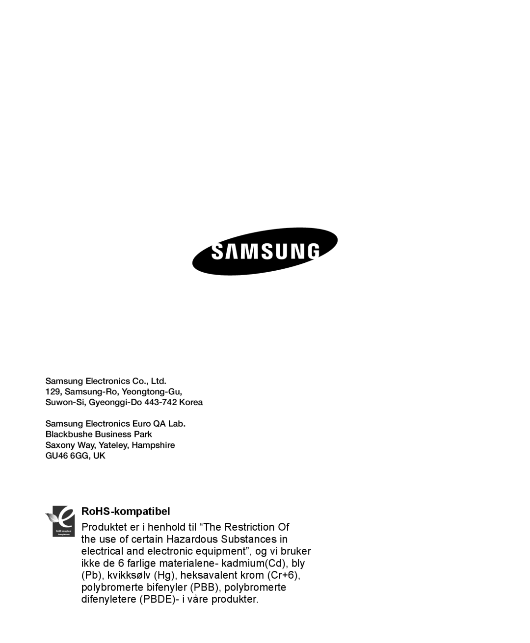 Samsung HMX-H200BP/EDC, HMX-H204BP/EDC, HMX-H203BP/EDC, HMX-H205BP/EDC manual RoHS-kompatibel 