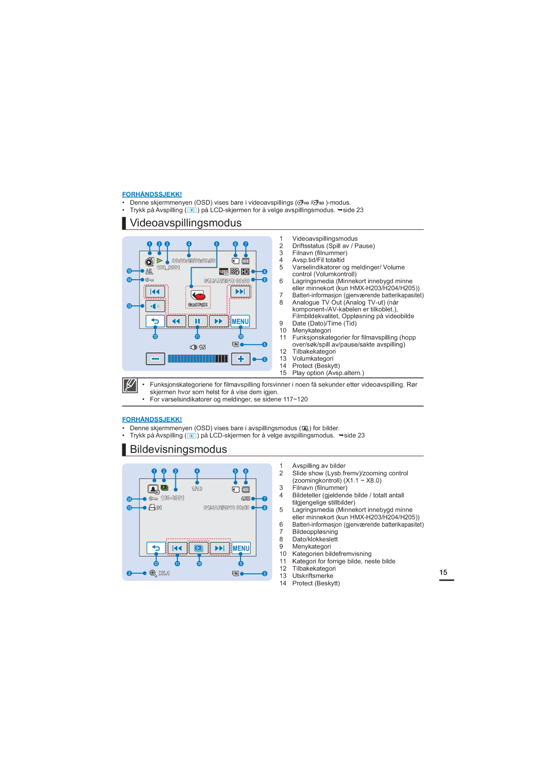 Samsung HMX-H205BP/EDC, HMX-H204BP/EDC, HMX-H200BP/EDC, HMX-H203BP/EDC manual Videoavspillingsmodus, Bildevisningsmodus 