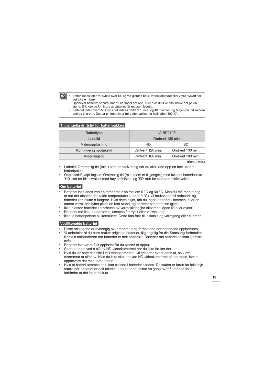 Samsung HMX-H205BP/EDC manual Tilgjengelig driftstid for batteripakken, Omtrent 160 min Omtrent 180 min, Om batteriet 