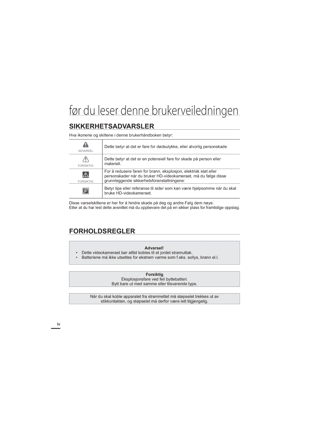 Samsung HMX-H204BP/EDC manual Sikkerhetsadvarsler, Forholdsregler, Hva ikonene og skiltene i denne brukerhåndboken betyr 