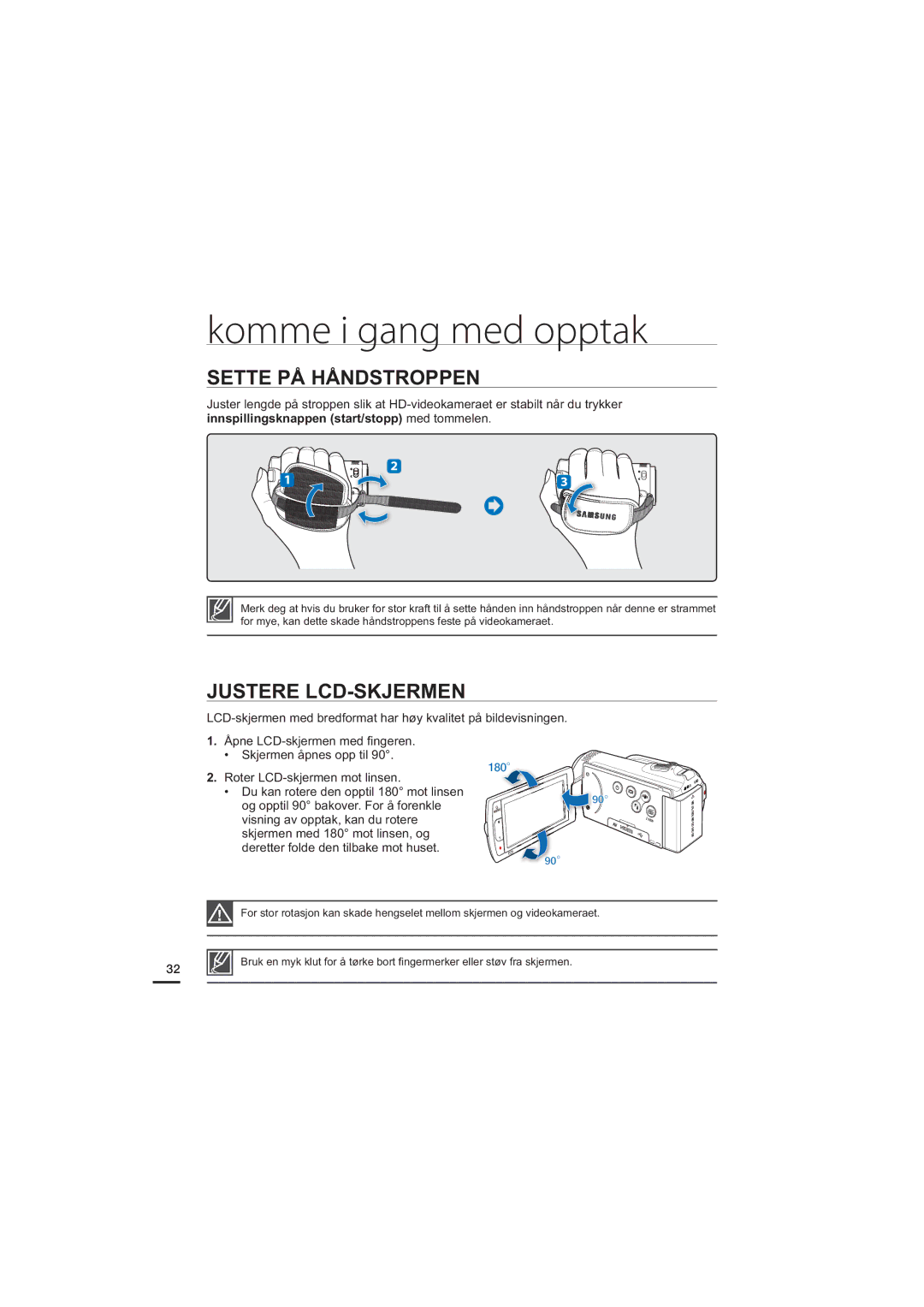 Samsung HMX-H204BP/EDC, HMX-H200BP/EDC, HMX-H203BP/EDC, HMX-H205BP/EDC manual Sette PÅ Håndstroppen, Justere LCD-SKJERMEN 