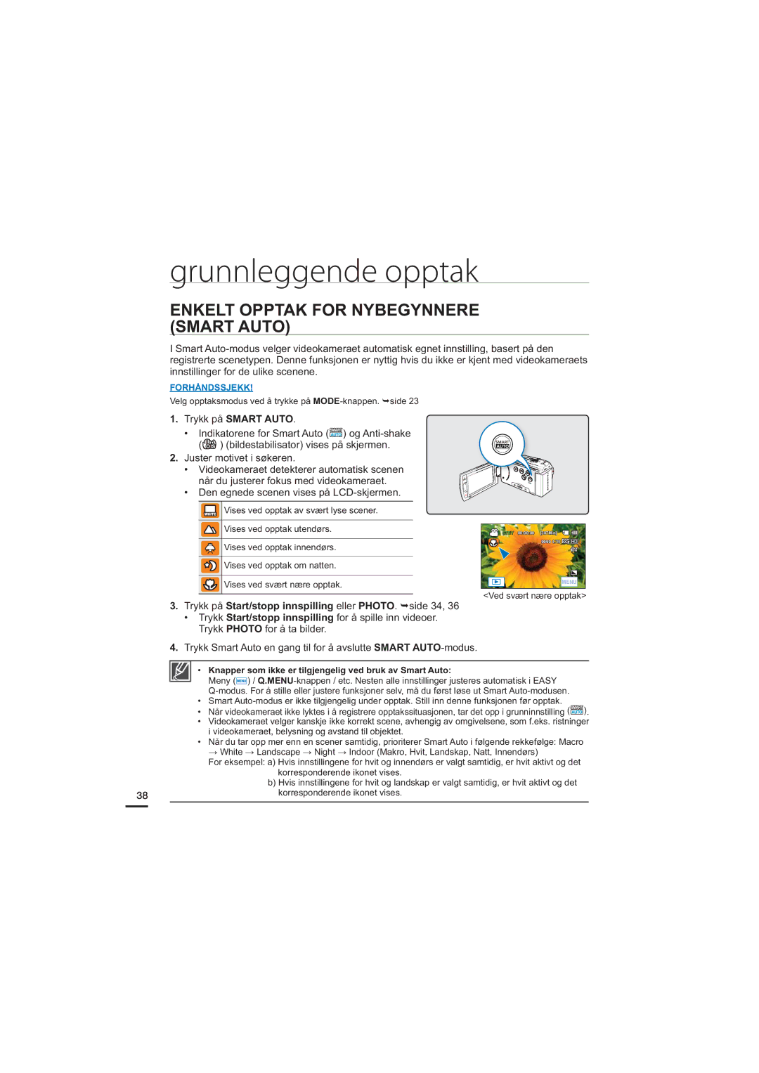 Samsung HMX-H203BP/EDC manual Enkelt Opptak for Nybegynnere Smart Auto, Trykk på Smart Auto, Indikatorene for Smart Auto 