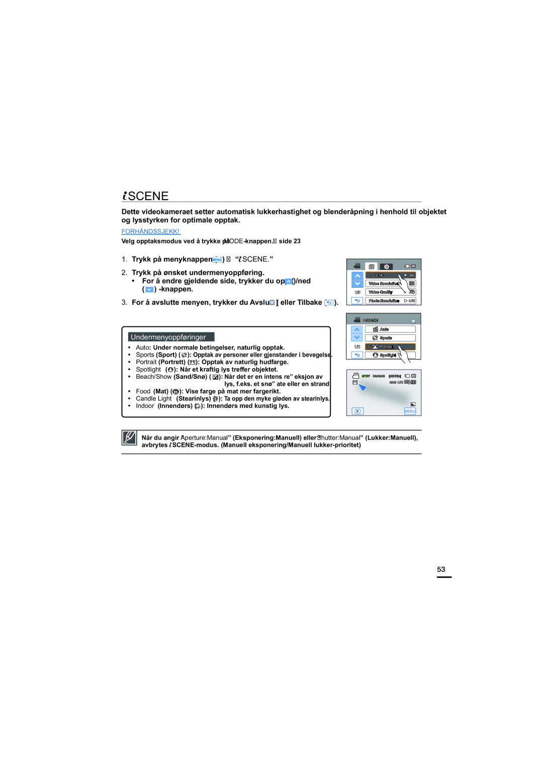 Samsung HMX-H200BP/EDC, HMX-H204BP/EDC, HMX-H203BP/EDC, HMX-H205BP/EDC manual Scene, Undermenyoppføringer 