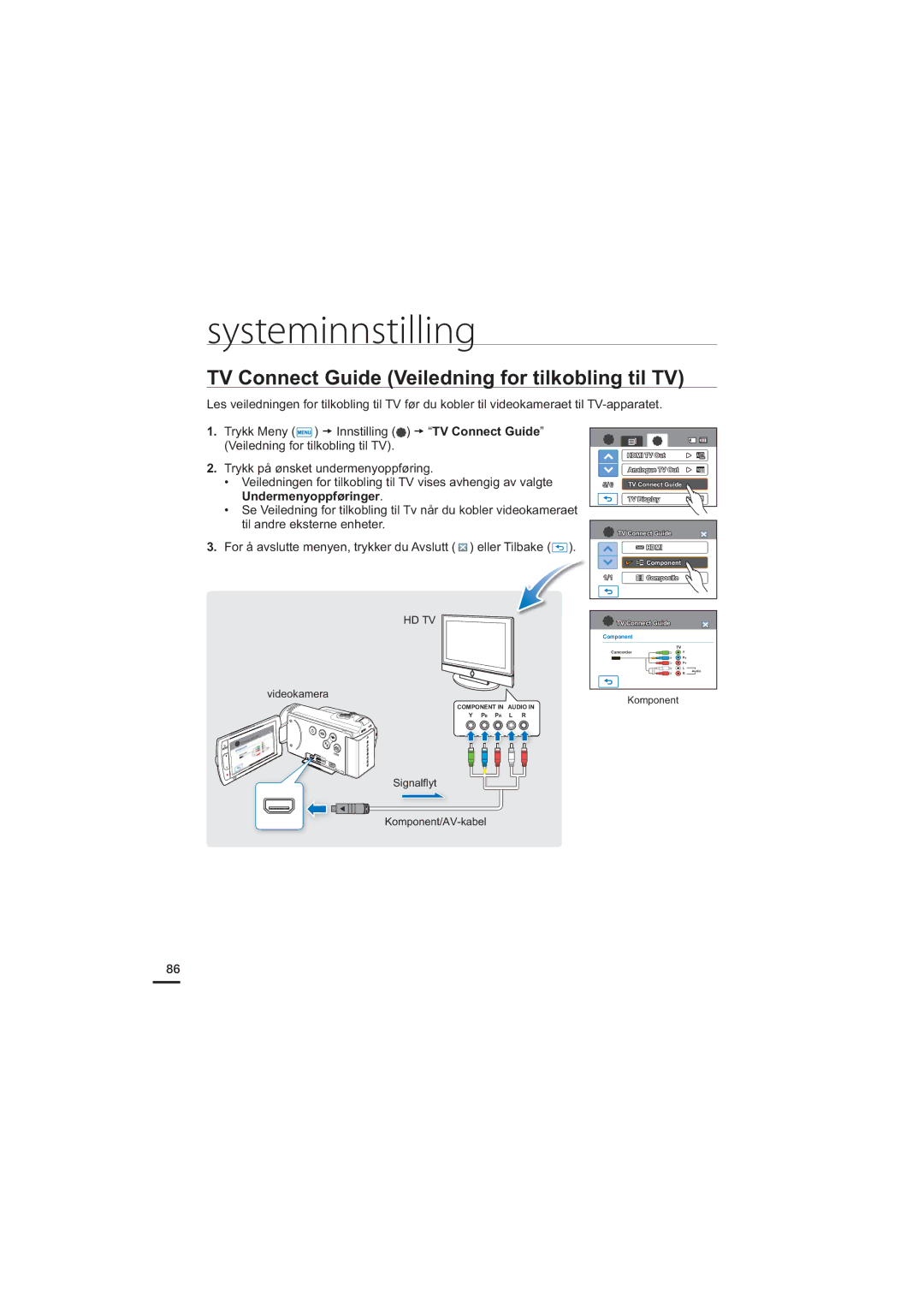 Samsung HMX-H203BP/EDC, HMX-H204BP/EDC, HMX-H200BP/EDC manual TV Connect Guide Veiledning for tilkobling til TV, Komponent 