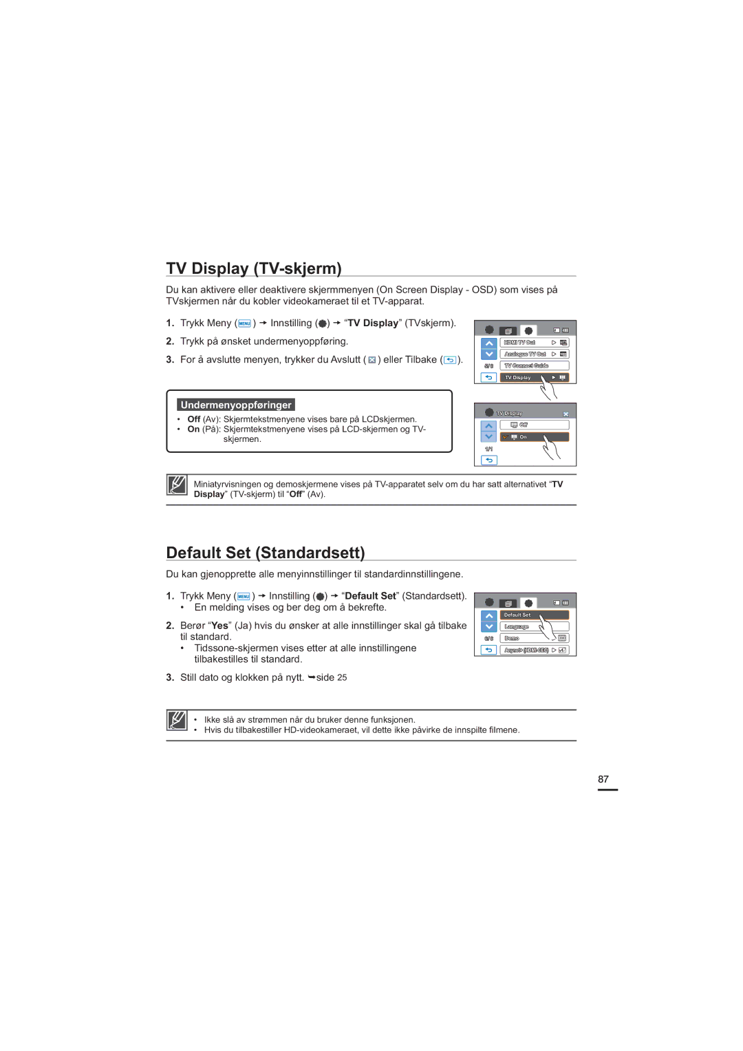 Samsung HMX-H205BP/EDC, HMX-H204BP/EDC, HMX-H200BP/EDC, HMX-H203BP/EDC manual TV Display TV-skjerm, Default Set Standardsett 