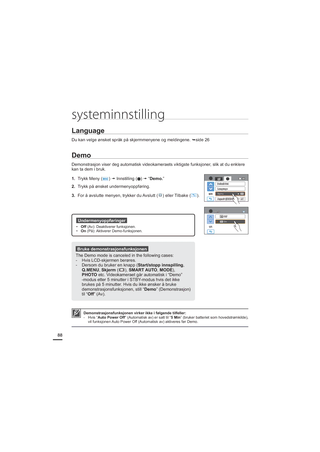 Samsung HMX-H204BP/EDC, HMX-H200BP/EDC, HMX-H203BP/EDC, HMX-H205BP/EDC manual Language, Demo, Bruke demonstrasjonsfunksjonen 