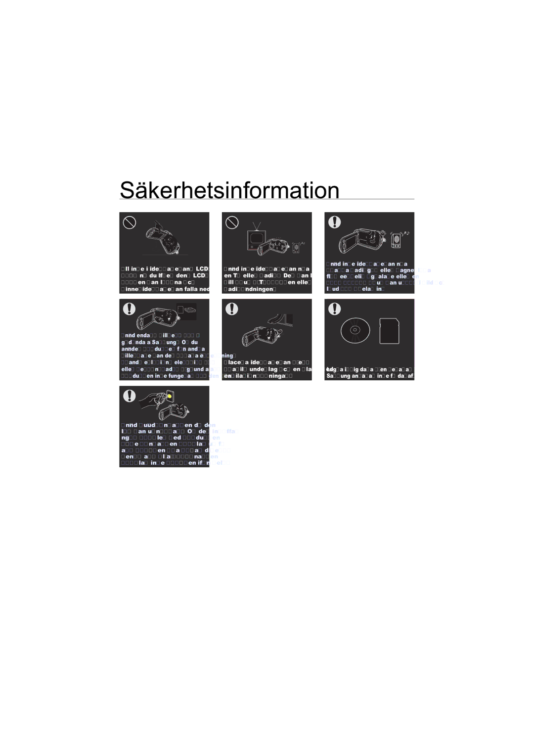 Samsung HMX-H203BP/EDC, HMX-H204BP/EDC, HMX-H200BP/EDC, HMX-H205BP/EDC manual Säkerhetsinformation 