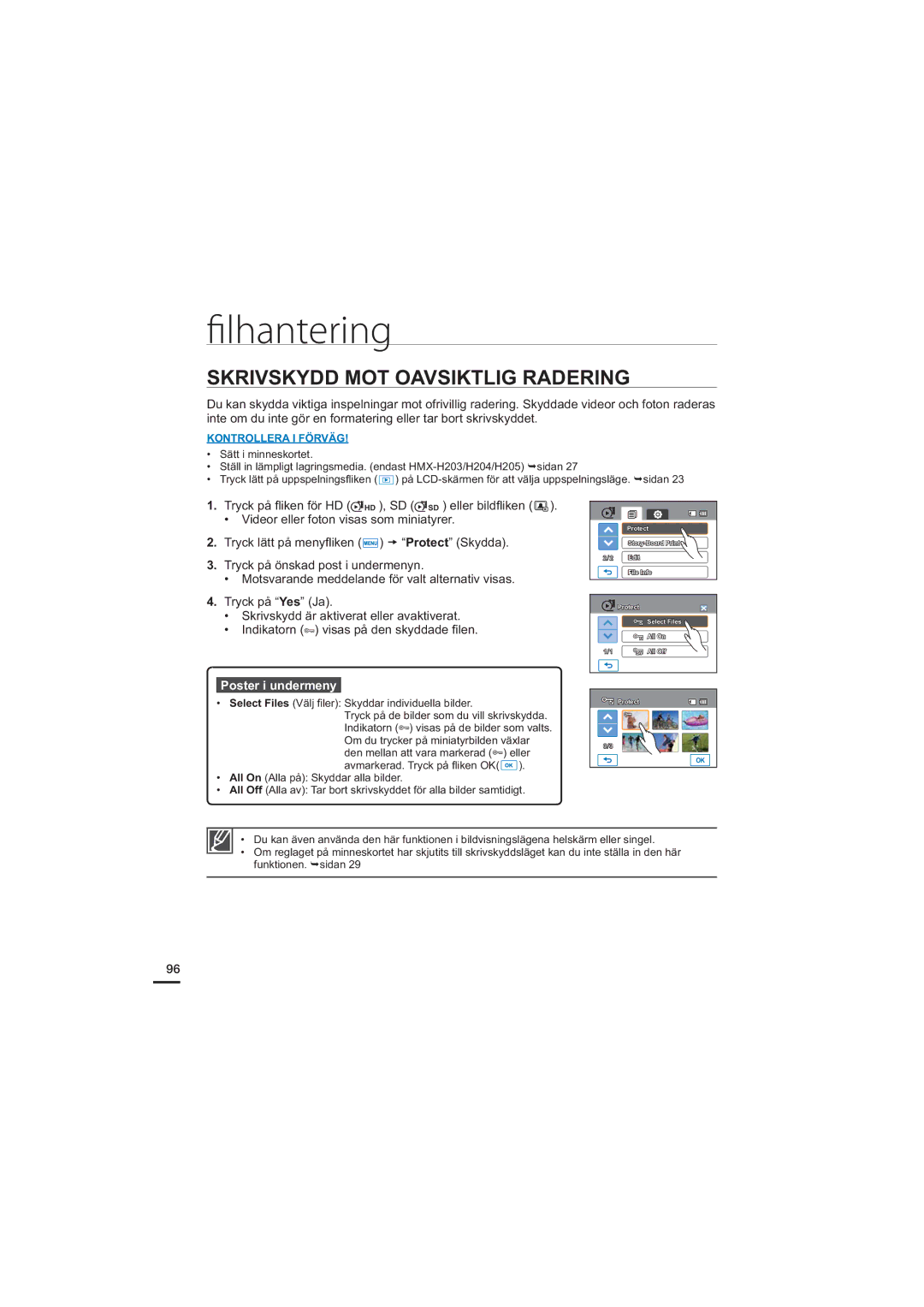 Samsung HMX-H204BP/EDC, HMX-H200BP/EDC, HMX-H203BP/EDC, HMX-H205BP/EDC manual Lhantering, Skrivskydd MOT Oavsiktlig Radering 