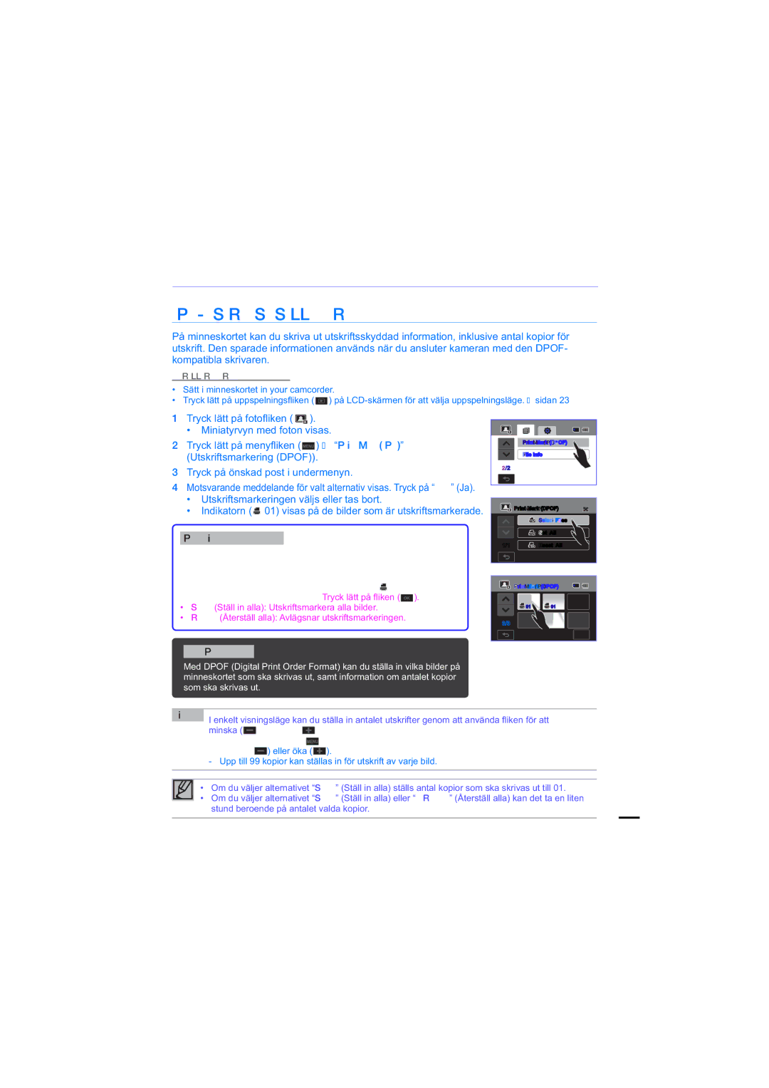 Samsung HMX-H205BP/EDC manual Skriva ut bilder, Dpof-Utskriftsinställningar, Utskriftsmarkeringen väljs eller tas bort 