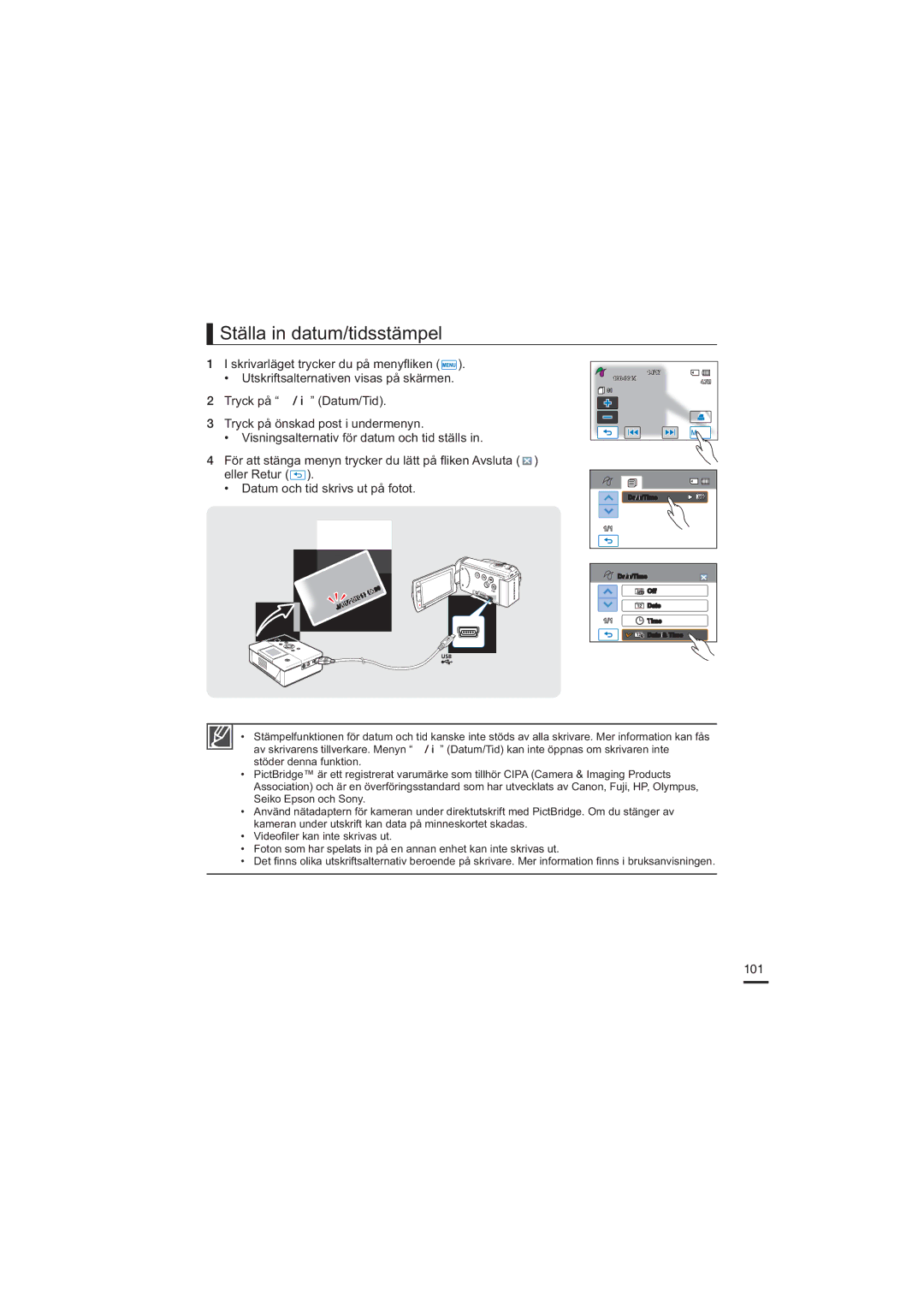 Samsung HMX-H200BP/EDC, HMX-H204BP/EDC, HMX-H203BP/EDC, HMX-H205BP/EDC manual Ställa in datum/tidsstämpel, 101 