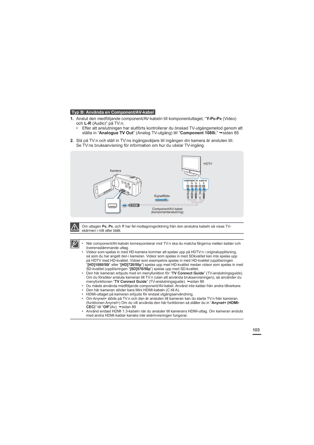 Samsung HMX-H205BP/EDC, HMX-H204BP/EDC, HMX-H200BP/EDC, HMX-H203BP/EDC manual Typ B Använda en Component/AV-kabel, 103 