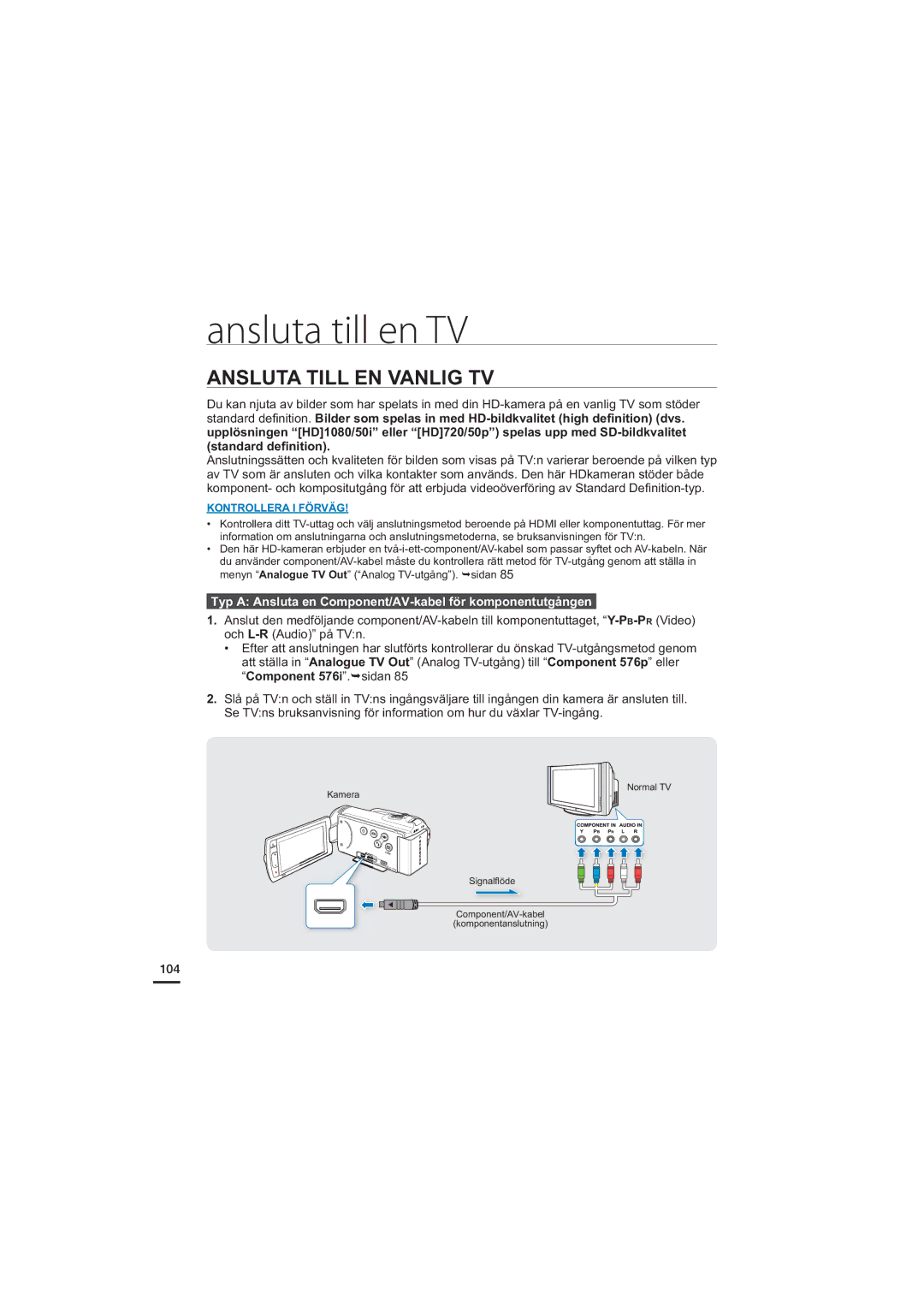 Samsung HMX-H204BP/EDC manual Ansluta Till EN Vanlig TV, Typ a Ansluta en Component/AV-kabel för komponentutgången, 104 