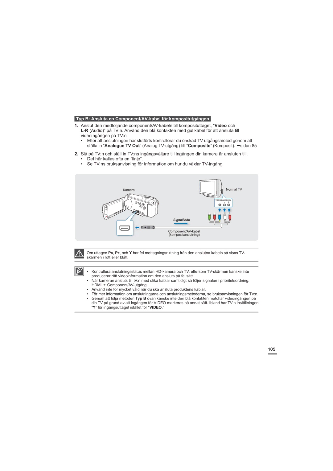 Samsung HMX-H200BP/EDC, HMX-H204BP/EDC, HMX-H203BP/EDC manual Typ B Ansluta en Component/AV-kabel för kompositutgången, 105 