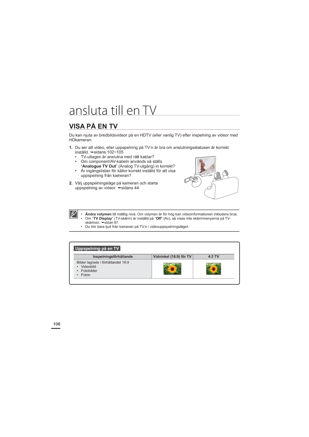 Samsung HMX-H203BP/EDC manual Visa PÅ EN TV, Uppspelning på en TV, 106, Inspelningsförhållande Vidvinkel 169 för TV 43 TV 