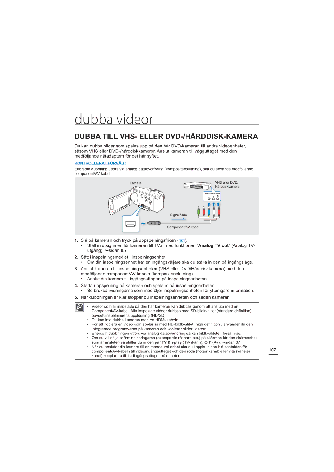 Samsung HMX-H205BP/EDC, HMX-H204BP/EDC, HMX-H200BP/EDC manual Dubba videor, Dubba Till VHS- Eller DVD-/HÅRDDISK-KAMERA, 107 