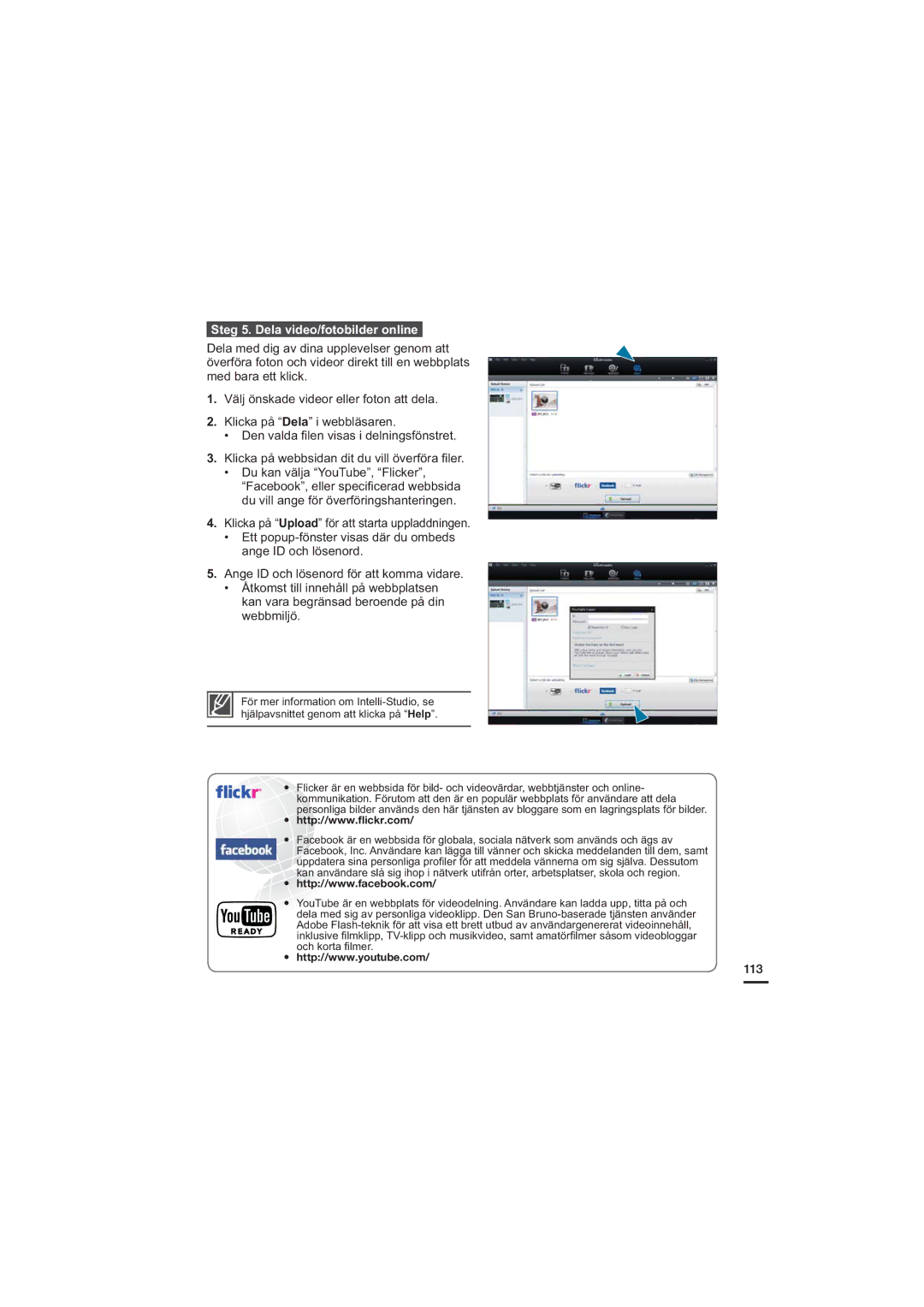 Samsung HMX-H200BP/EDC, HMX-H204BP/EDC, HMX-H203BP/EDC, HMX-H205BP/EDC manual Steg 5. Dela video/fotobilder online, 113 