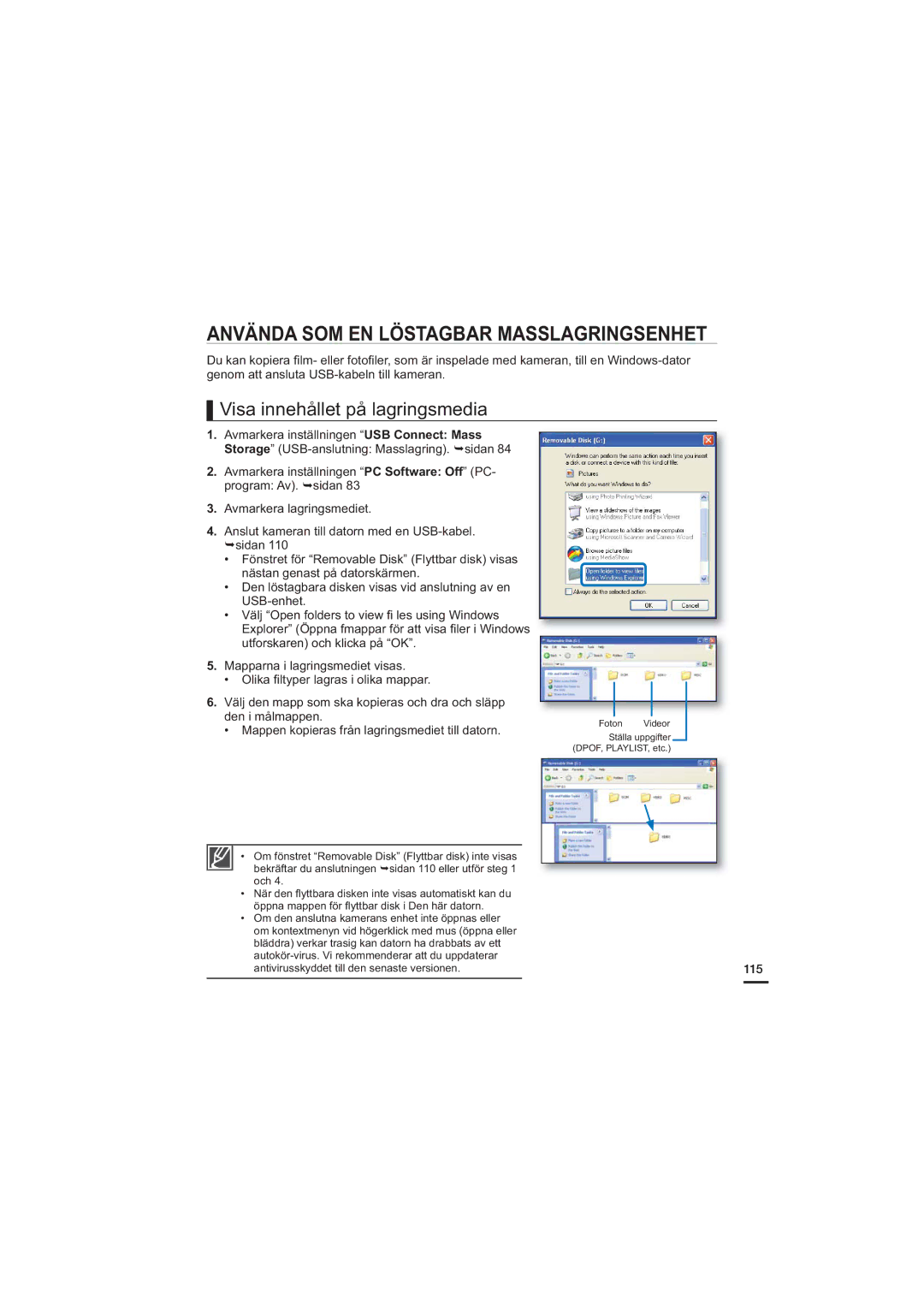 Samsung HMX-H205BP/EDC, HMX-H204BP/EDC Använda SOM EN Löstagbar Masslagringsenhet, Visa innehållet på lagringsmedia, 115 