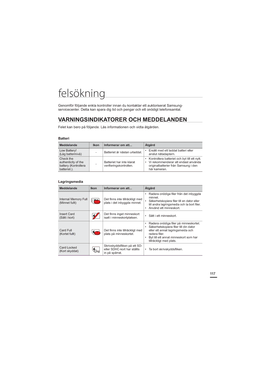 Samsung HMX-H200BP/EDC, HMX-H204BP/EDC manual Felsökning, Varningsindikatorer OCH Meddelanden, Batteri, Lagringsmedia, 117 