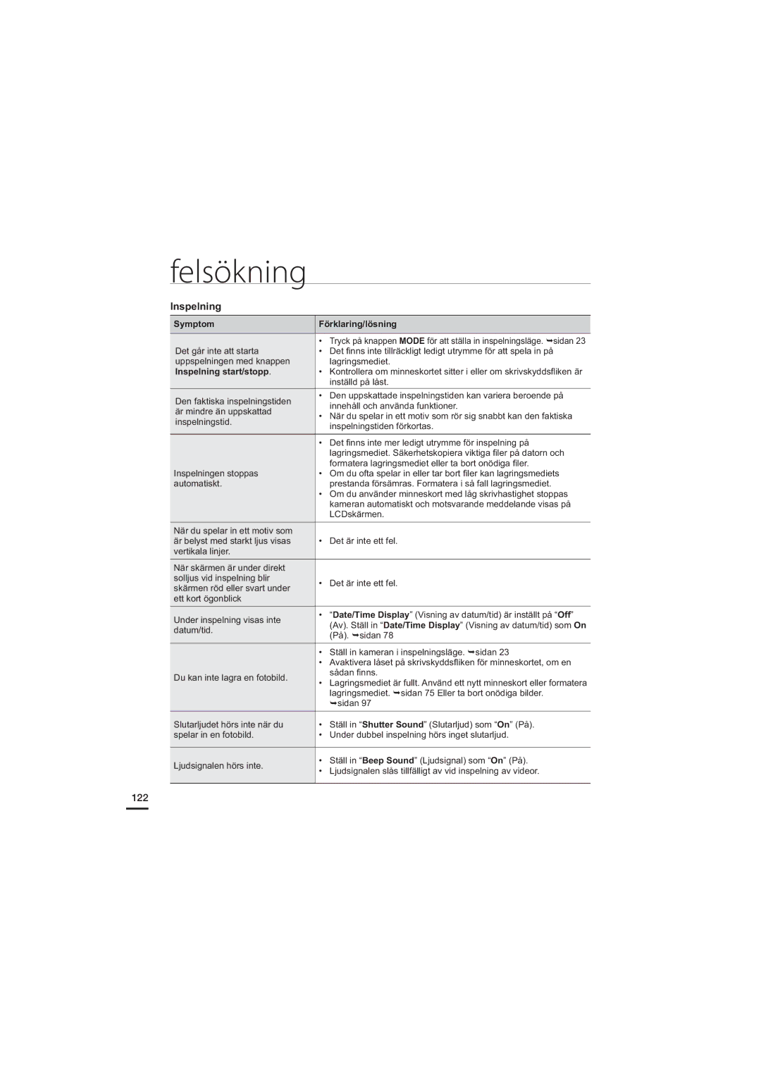 Samsung HMX-H203BP/EDC, HMX-H204BP/EDC, HMX-H200BP/EDC, HMX-H205BP/EDC manual 122, Inspelning start/stopp 