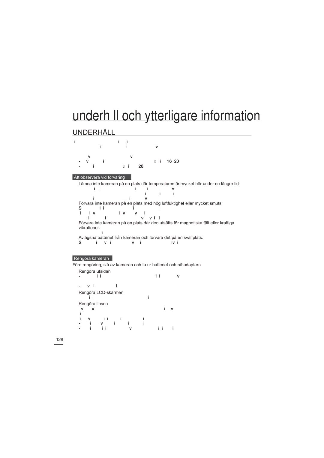 Samsung HMX-H204BP/EDC manual Underhåll, Att observera vid förvaring, Rengöra kameran, Rengöra LCD-skärmen, Rengöra linsen 