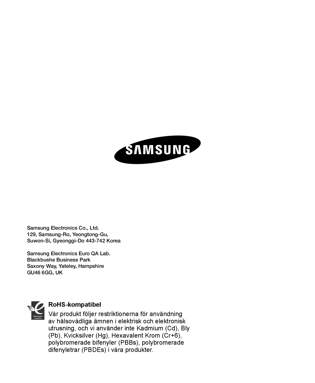 Samsung HMX-H200BP/EDC, HMX-H204BP/EDC, HMX-H203BP/EDC, HMX-H205BP/EDC manual RoHS-kompatibel 