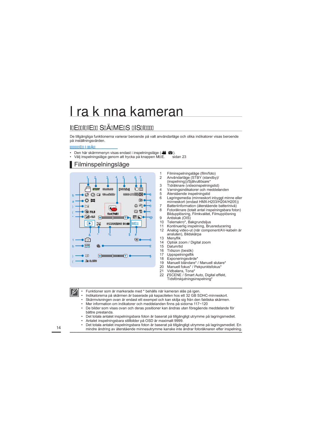 Samsung HMX-H203BP/EDC, HMX-H204BP/EDC, HMX-H200BP/EDC, HMX-H205BP/EDC Identifiera Skärmens Visningar, Filminspelningsläge 