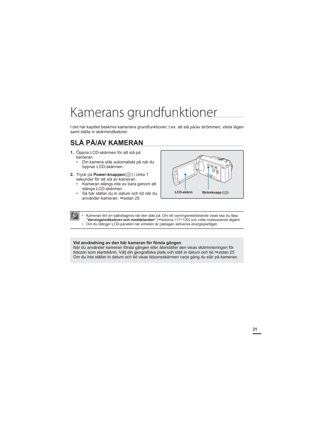 Samsung HMX-H200BP/EDC manual Kamerans grundfunktioner, SLÅ PÅ/AV Kameran, Så här ställer du in datum och tid när du 