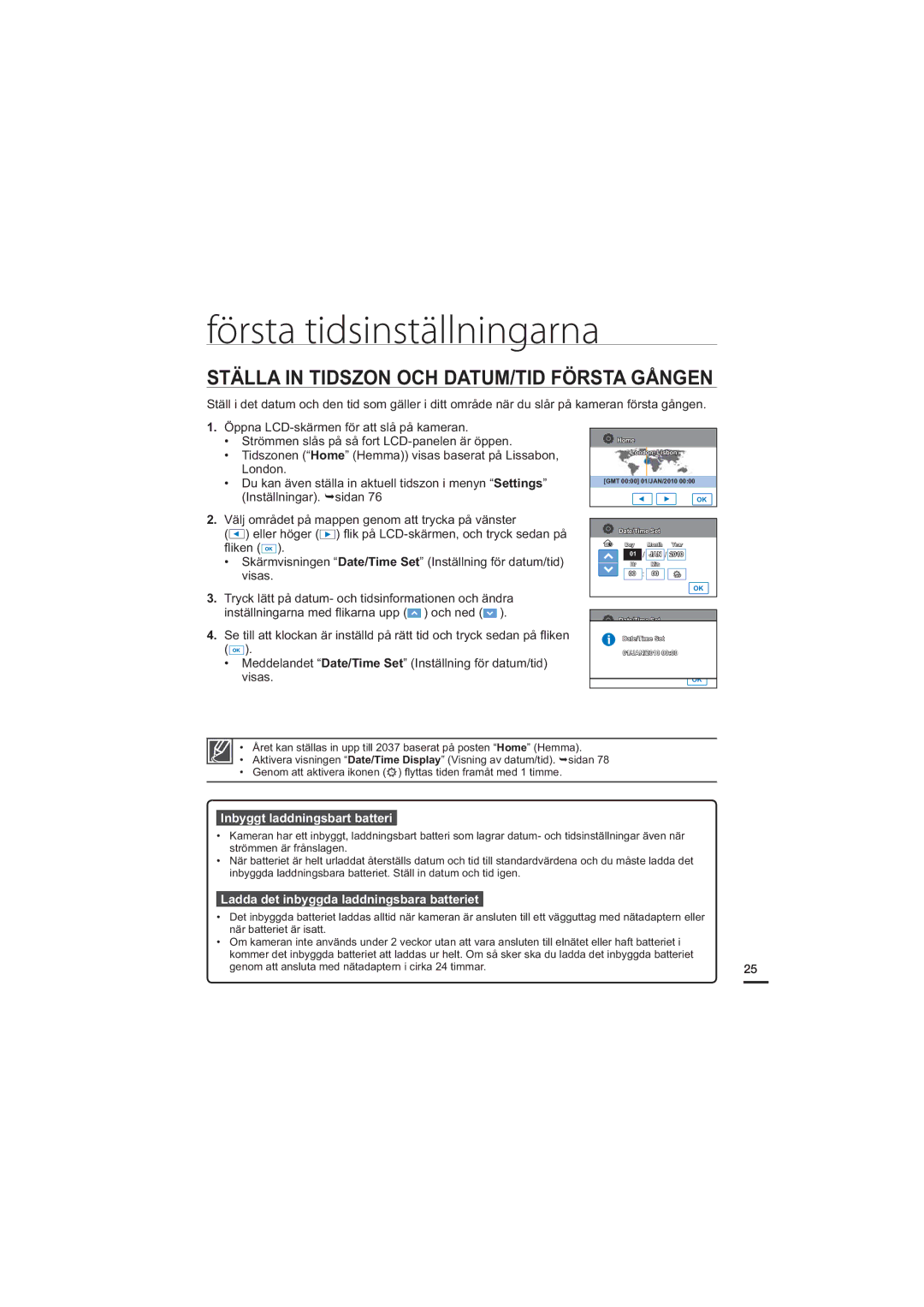 Samsung HMX-H200BP/EDC, HMX-H204BP/EDC manual Första tidsinställningarna, Ställa in Tidszon OCH DATUM/TID Första Gången 