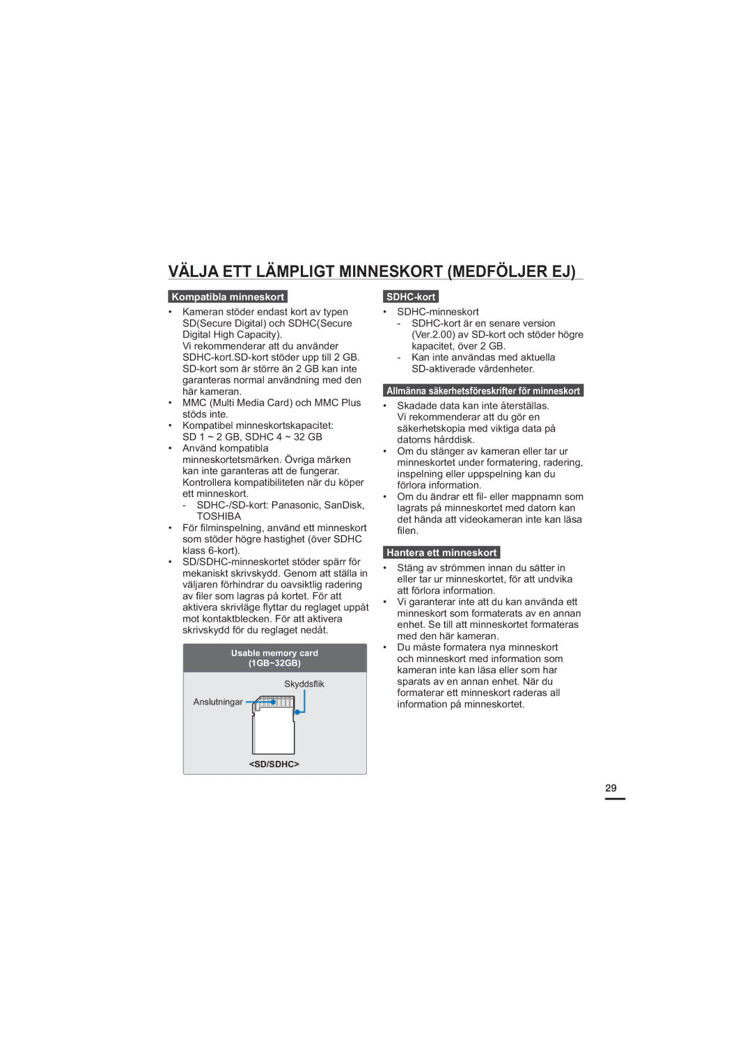 Samsung HMX-H200BP/EDC, HMX-H204BP/EDC manual Välja ETT Lämpligt Minneskort Medföljer EJ, Kompatibla minneskort, SDHC-kort 