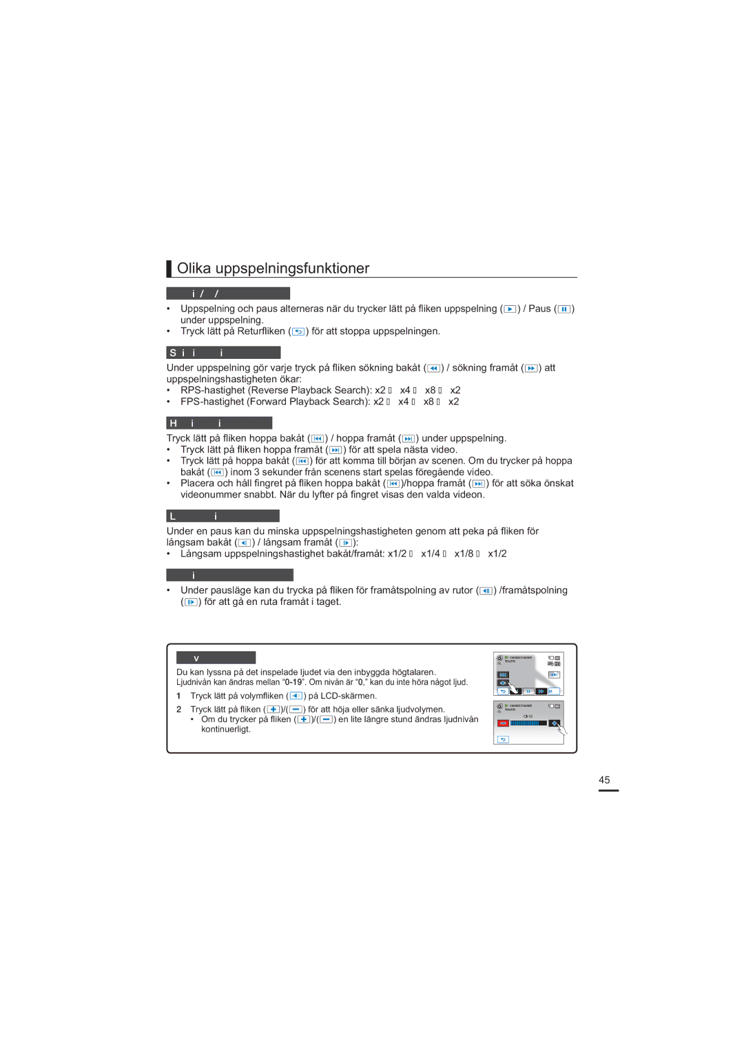 Samsung HMX-H200BP/EDC, HMX-H204BP/EDC, HMX-H203BP/EDC, HMX-H205BP/EDC manual Olika uppspelningsfunktioner 