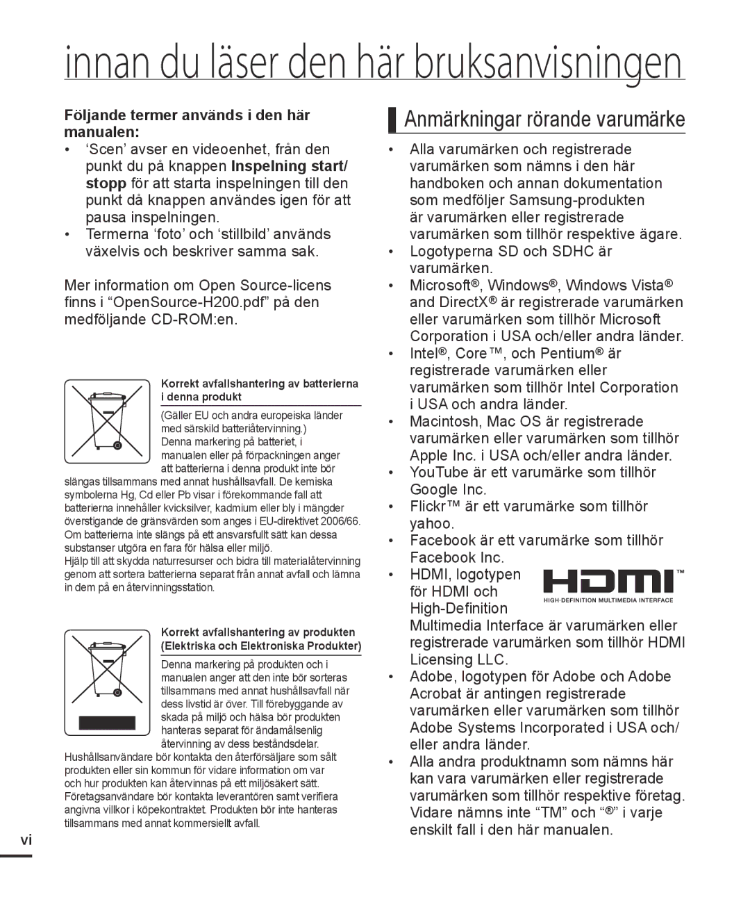 Samsung HMX-H203BP/EDC, HMX-H204BP/EDC, HMX-H200BP/EDC, HMX-H205BP/EDC manual Innan du läser den här bruksanvisningen 