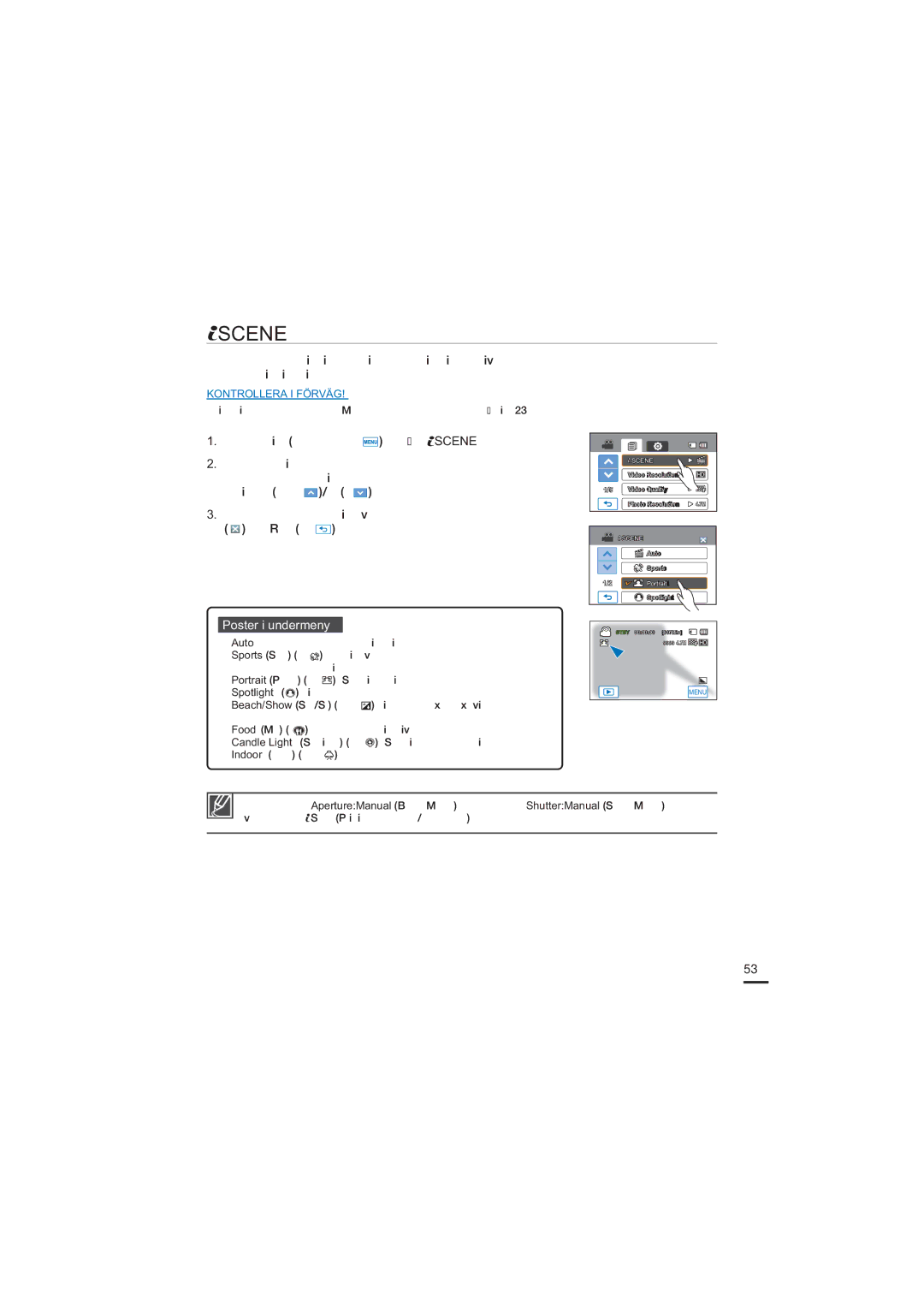 Samsung HMX-H200BP/EDC, HMX-H204BP/EDC, HMX-H203BP/EDC, HMX-H205BP/EDC manual Scene, Poster i undermeny 