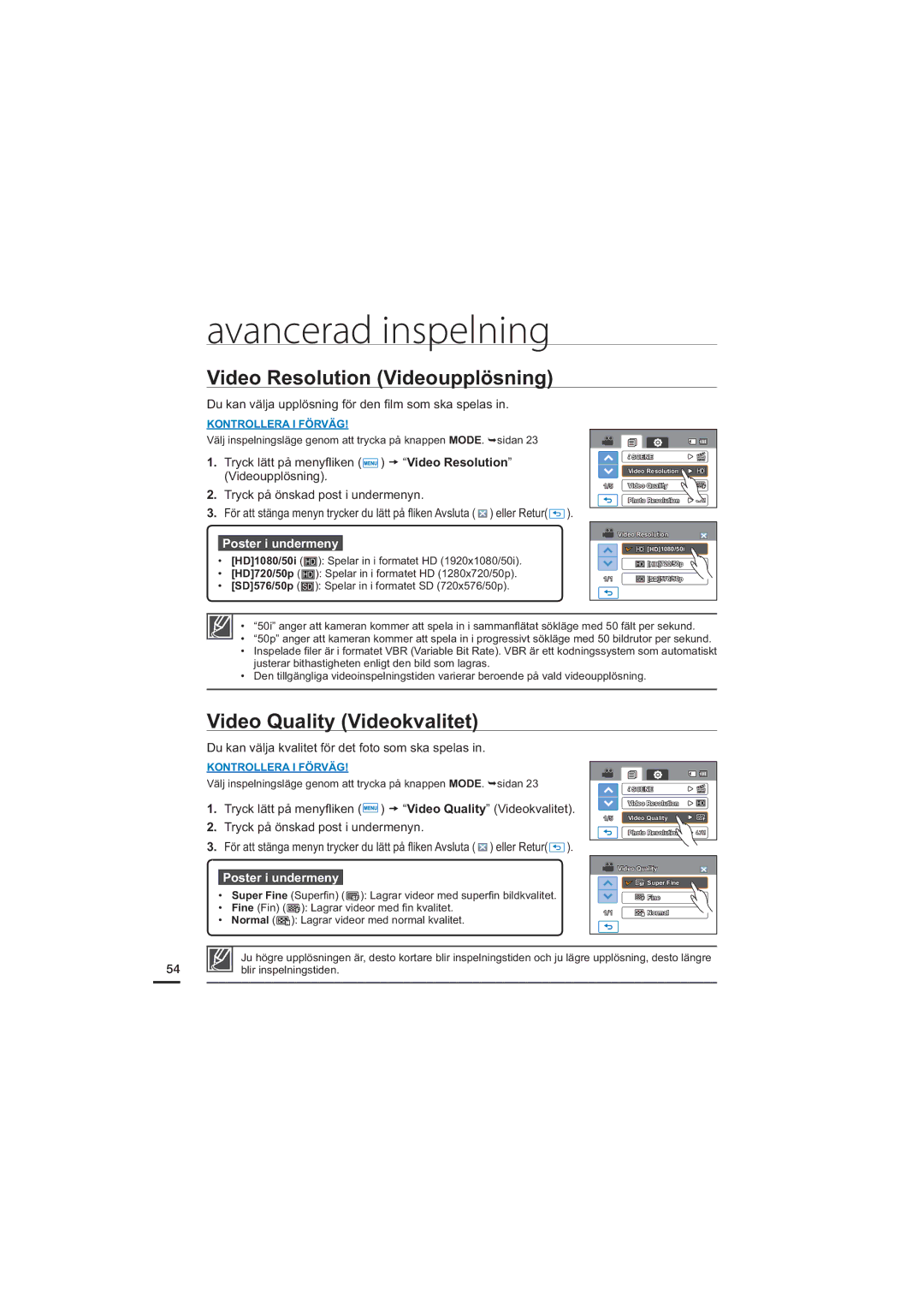 Samsung HMX-H203BP/EDC, HMX-H204BP/EDC, HMX-H200BP/EDC manual Video Resolution Videoupplösning, Video Quality Videokvalitet 