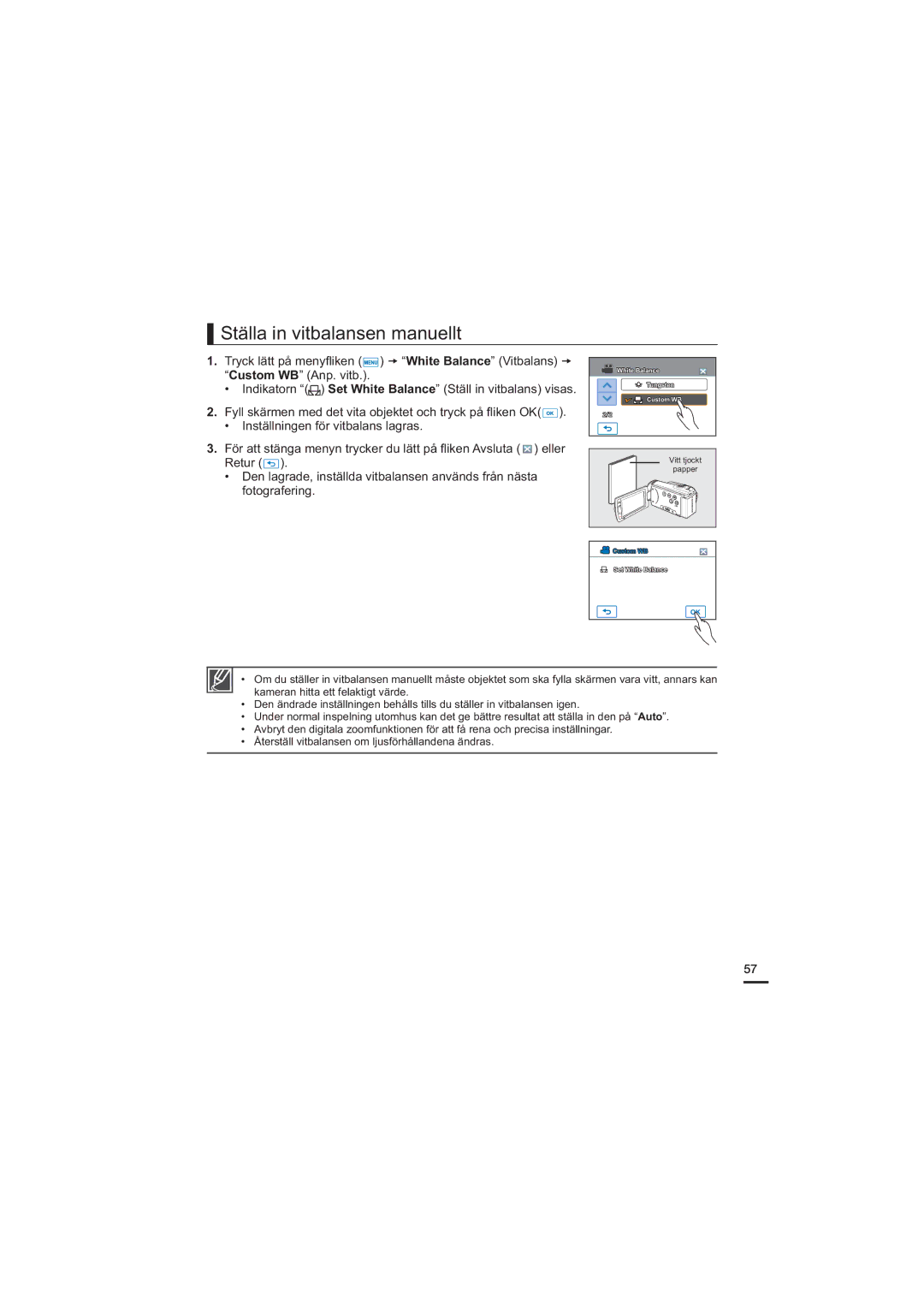 Samsung HMX-H200BP/EDC, HMX-H204BP/EDC, HMX-H203BP/EDC, HMX-H205BP/EDC manual Ställa in vitbalansen manuellt 