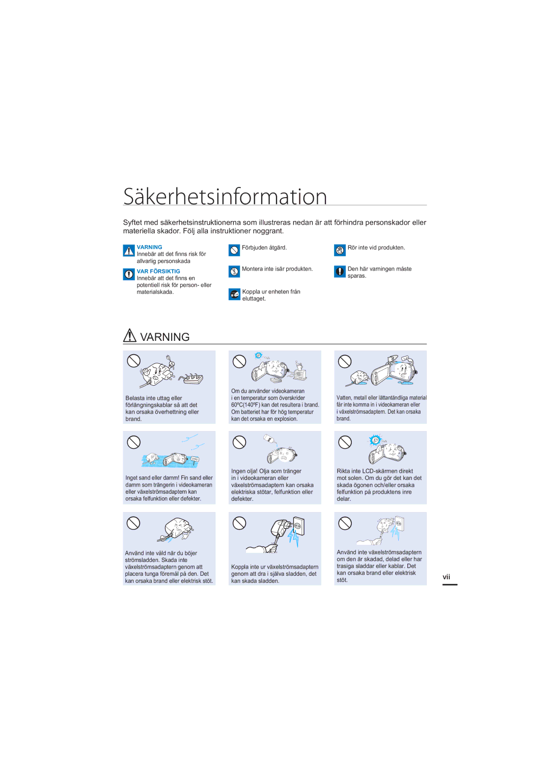 Samsung HMX-H205BP/EDC, HMX-H204BP/EDC, HMX-H200BP/EDC, HMX-H203BP/EDC manual Säkerhetsinformation, Varning 