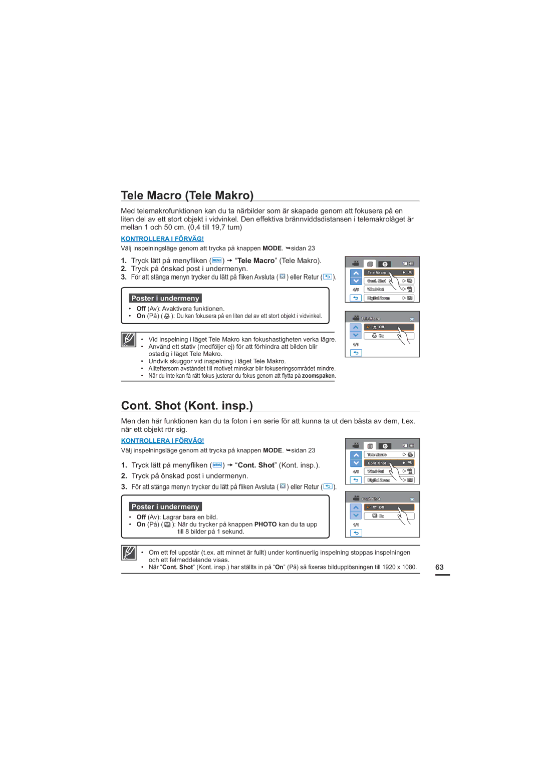 Samsung HMX-H205BP/EDC, HMX-H204BP/EDC, HMX-H200BP/EDC, HMX-H203BP/EDC manual Tele Macro Tele Makro, Cont. Shot Kont. insp 