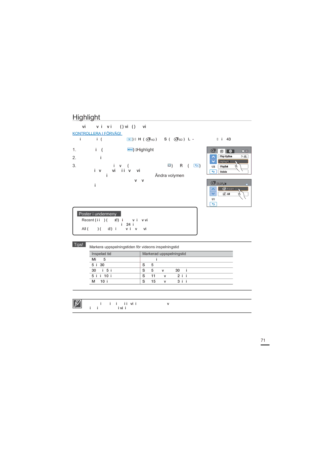 Samsung HMX-H205BP/EDC, HMX-H204BP/EDC, HMX-H200BP/EDC, HMX-H203BP/EDC manual Highlight, Tips 