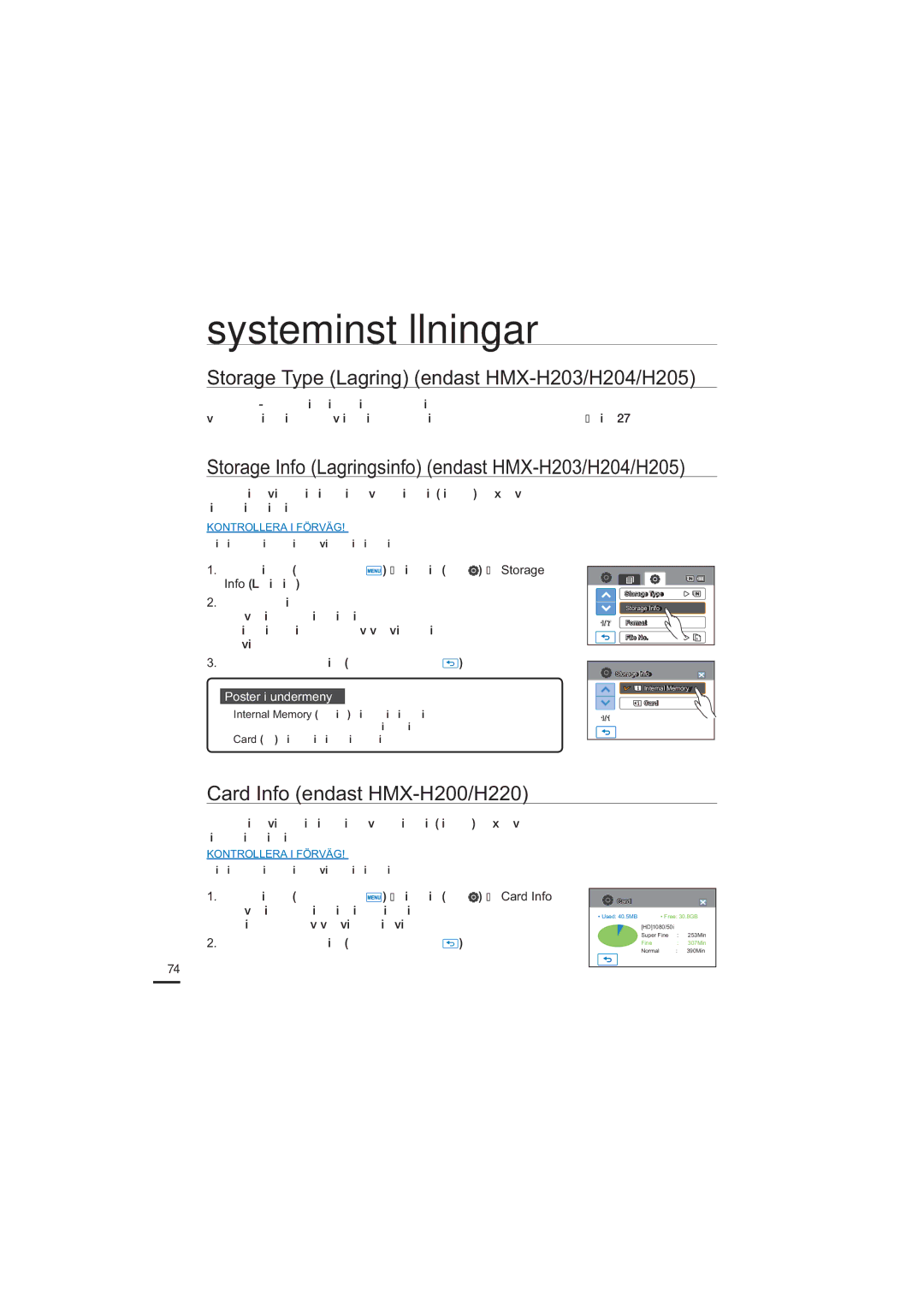 Samsung HMX-H203BP/EDC Systeminställningar, Storage Type Lagring endast HMX-H203/H204/H205, Card Info endast HMX-H200/H220 