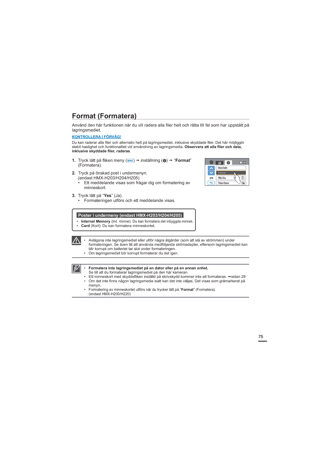 Samsung HMX-H205BP/EDC, HMX-H204BP/EDC, HMX-H200BP/EDC manual Format Formatera, Poster i undermeny endast HMX-H203/H204/H205 