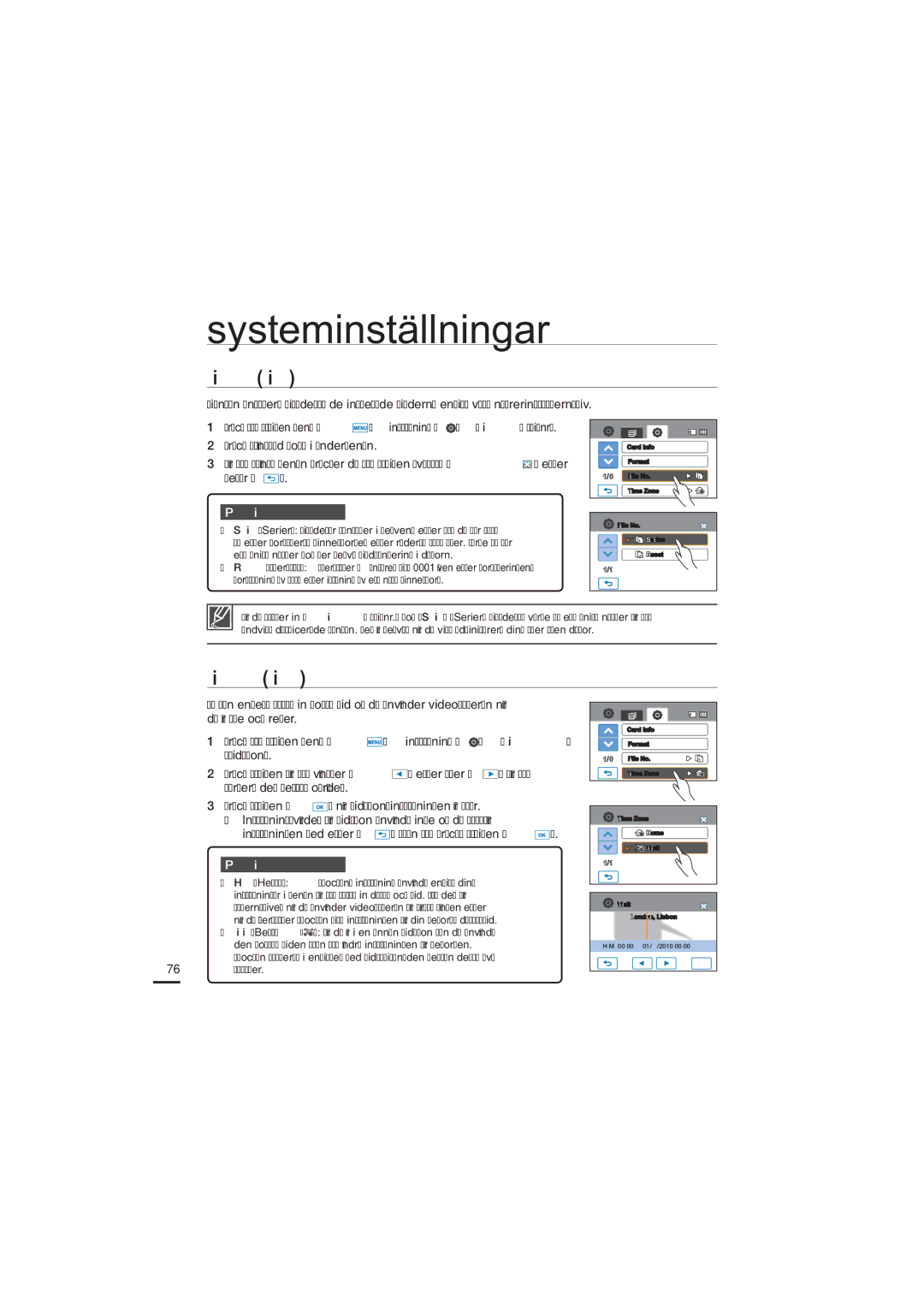 Samsung HMX-H204BP/EDC manual File No. Filnr, Time Zone Tidszon, Inställningen med eller Utan att trycka på ﬂ iken, Platser 